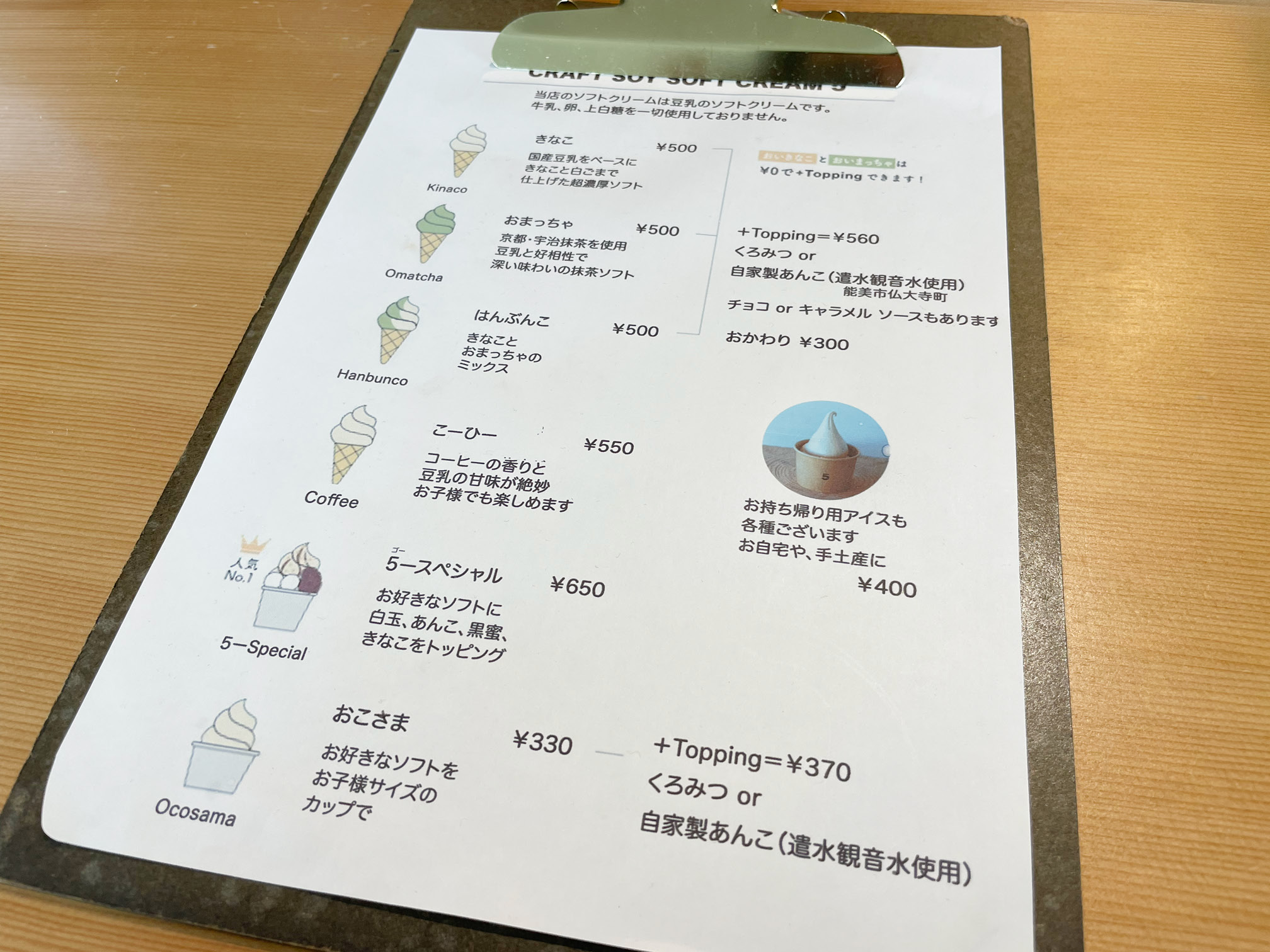 クラフトソイ ソフトクリーム ゴーのメニュー
