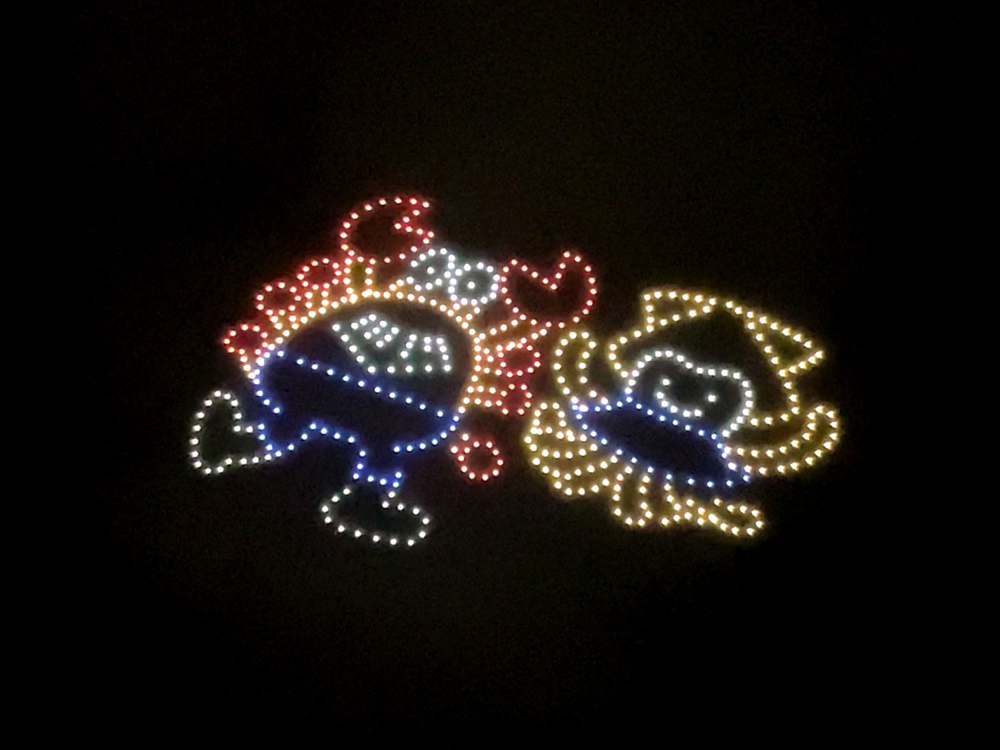 ドローンで描かれたカニとイカのキャラクター